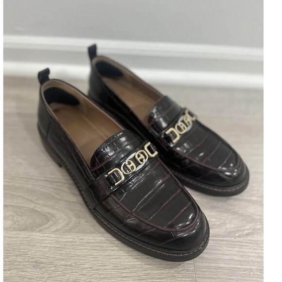 Sam Edelman Christy Brown Croc Embossed Patent Loafers Womens 9 Block Heel - Picture 1 of 8